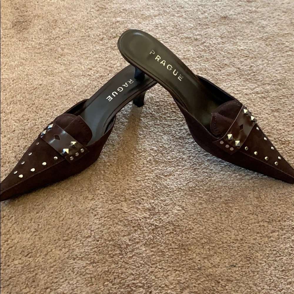 Prague suede chocolate brown open back shoes